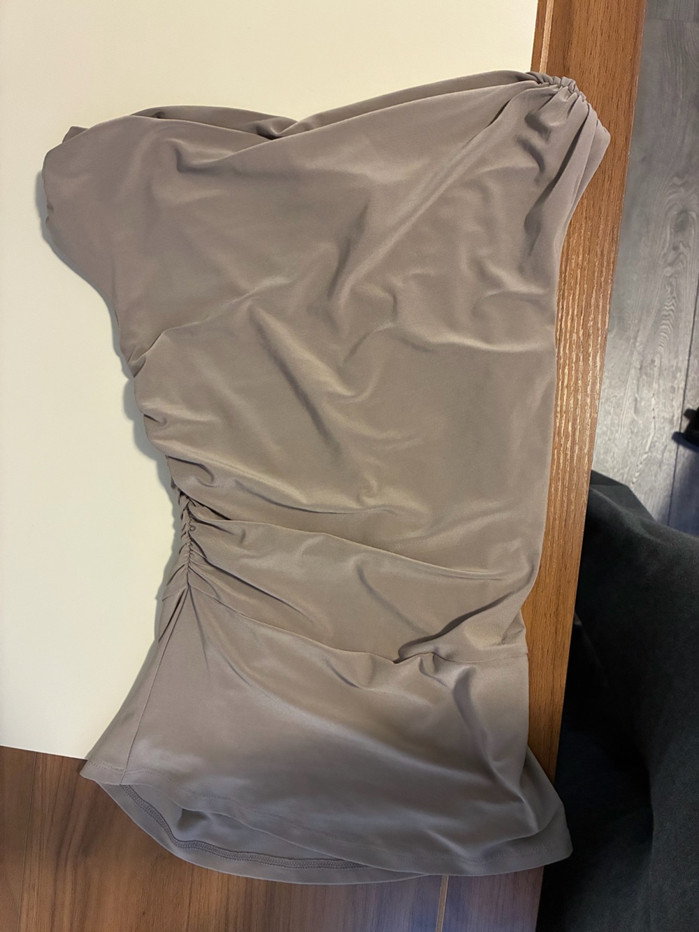 Women's Jersey Stretch Off the Shoulder Top in Taupe with Gathered Side Detail
